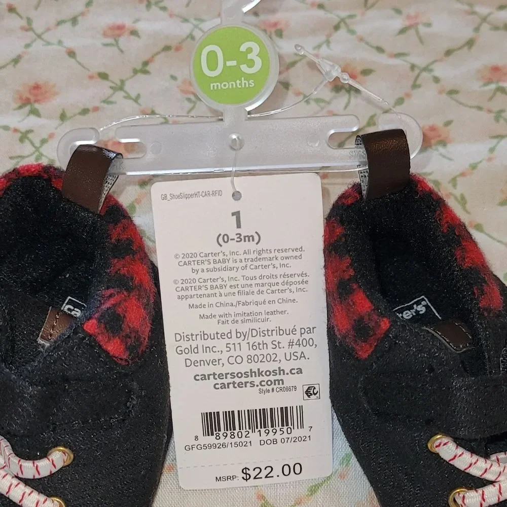 Carter's Size 1 (0-3m) Black & Red Baby Walker Shoes Slip-On Comfort NWT